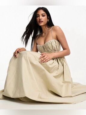 NWOT ASOS Design Cotton Corset Maxi Dress Stone Criss Cross Back Size 8